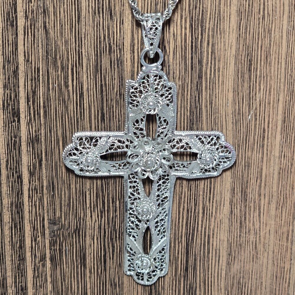 Van Lou Art Nouveau Sterling Silver Open Filigree Cross Pendant 4" In Length